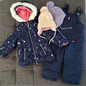 🌙 LIKE NEW ✨ Carter’s Navy and Pink Snowsuit Set w/Hats